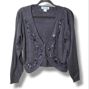 Vintage 90s Yield Black Beaded Cardigan Sweater Size M Elegant Retro Knit